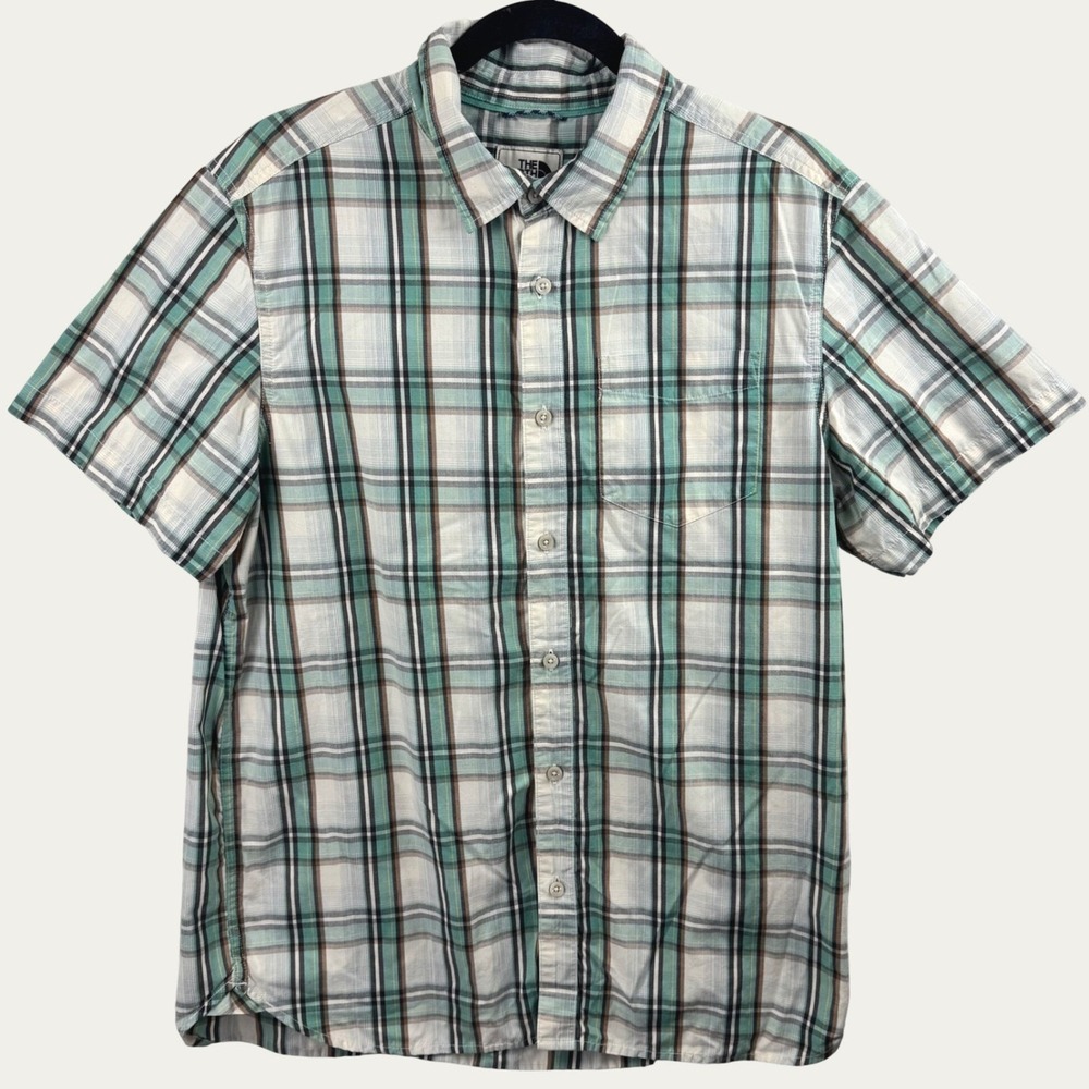 The North Face Plaid Button Up Shirt Men Large Teal Short Sleeve Hiking Gorpcore